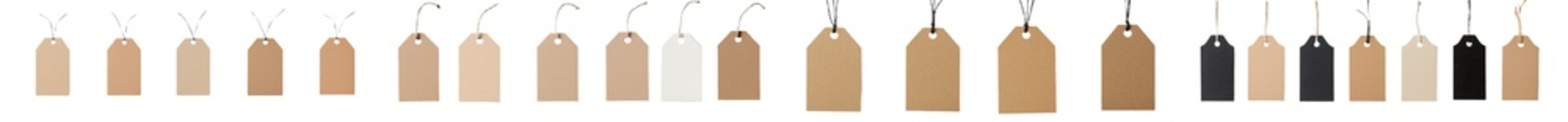 Aufkleber - Minimalist mockups featuring a row of isolated blank tags in various neutral colors for design and branding purposes