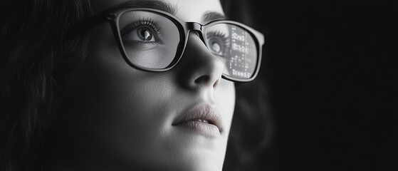 Wall Mural - Woman looks toward data reflected in glasses