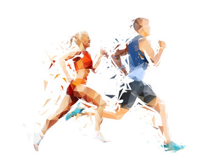 run, running people - man and woman, low poly isolated vector sports illustration, side view. track 