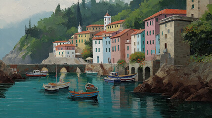 Poster - A quaint fishing village painted in pastels, built on coastal rocks with colorful boats bobbing in the harbor