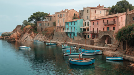 Poster - A quaint fishing village painted in pastels, built on coastal rocks with colorful boats bobbing in the harbor