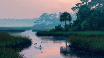 Fototapete - Calm coastal marsh at sunrise, mist hovering over tall grasses, and egrets wading silently