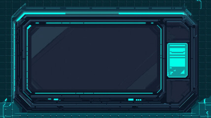 Pixel art game background. Web, 8-bit arcade background for game or cartoon in pixel art style with game interface, table, screen, loading, text space, menu, panel, space station, cyber technology