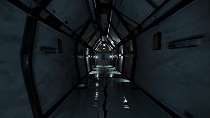 Leinwandbilder - Exploring a sleek futuristic corridor in an abandoned space station environment at dusk
