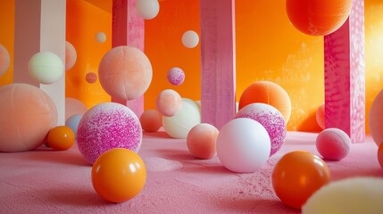 Wall Mural - pink and orange abstract room with floating balls. 3d rendering.