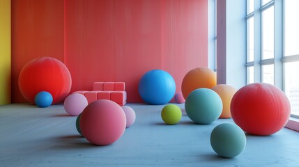 Wall Mural - 3d rendering of a room with colorful balls. the balls are of different sizes and colors, and they ar