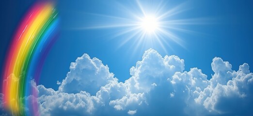 vibrant rainbow arching over fluffy clouds under bright sun in clear blue sky