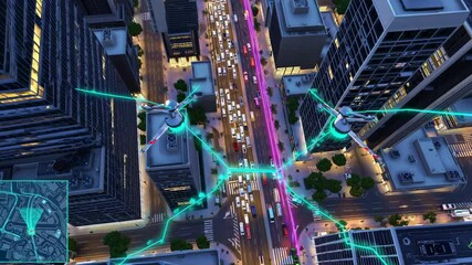 Poster - High-tech drones monitor urban traffic in a sprawling city during nighttime