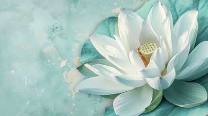Wall Mural - White lotus flower in bloom with green leaves against a blurred background of blue and green.