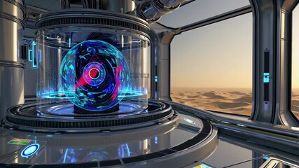 Leinwandbilder - Futuristic laboratory in a desert landscape featuring a holographic sphere display and advanced technology