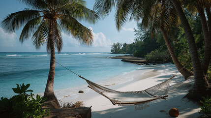 Fototapete - Coastal hammock between two palms on white sand, with gentle waves lapping nearby and a coconut on the ground