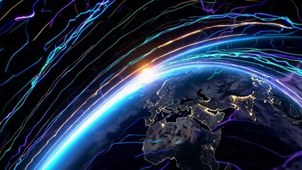 Fototapete - Beautiful visualization of Earth’s atmosphere with colorful energy waves and glowing city lights