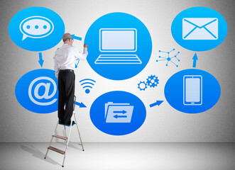 Email sending concept drawn by a man on a ladder