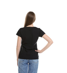 Wall Mural - woman wearing blank black t-shirt on white background, back view. mockup for design