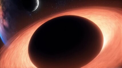 Wall Mural - In a stunning visual, a massive black hole is portrayed at the center, surrounded by swirling gas and dust. Nearby, a small planet can be seen, highlighting the vastness of the cosmos