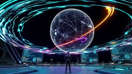 Poster - Space exploration journey through advanced technology and cosmic interactions in a futuristic setting
