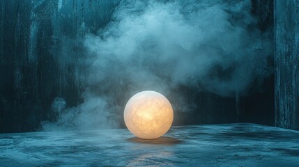illuminated sphere in a smoky, dark space
