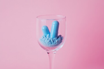 Aufkleber - Close-up of a cyan capsule filled with powder substance in a clear glass holder on pink background
