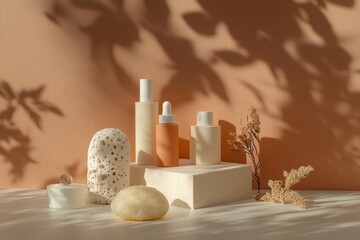 Poster - Natural skincare products beautifully arranged on a coral surface surrounded by botanical elements in a minimalist style