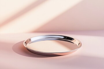 Leinwandbilder - Modern silver metal tray on a pale peachy pink surface reflecting light and showcasing elegant minimalism in home decor