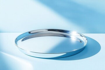 Aufkleber - Sleek silver metal tray reflecting elegance on a pastel blue surface in a modern setting