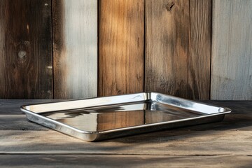 Poster - Polished silver metal tray displayed on rustic barn wood, highlighting modern elegance and unique reflections in natural light