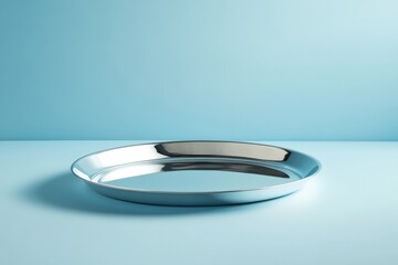 Poster - Modern silver metal tray with polished finish on sky blue surface showcasing sleek design and elegant reflections
