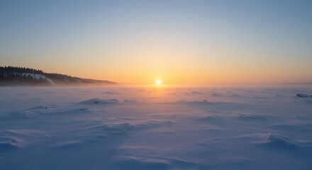 Winter Sunset over Frozen Lake  Snow Landscape  Cold Weather