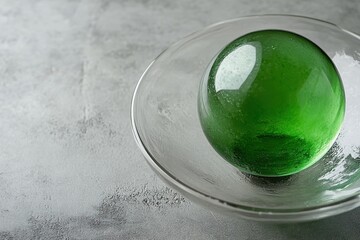 Poster - Close-up view of a green glass ball resting in a clear dish on a grey background, highlighting its reflective surface and unique texture