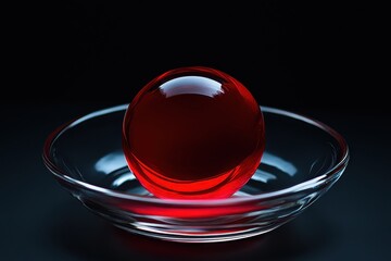 Poster - Close-up view of a striking red glass ball elegantly resting in a clear dish against a solid black background illuminated with soft light
