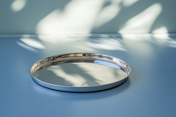 Aufkleber - Modern silver metal tray elegantly displayed on a soft blue surface reflecting gentle light patterns