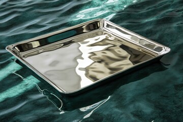 Aufkleber - Silver metal tray gleams on textured emerald surface, showcasing modern design and elegant reflections in calm light
