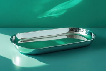 Poster - Elegant silver metal tray reflecting light on a green surface in a modern setting
