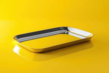 Poster - Silver metal tray on bright yellow surface showcasing modern elegance and polished reflections in interior decor