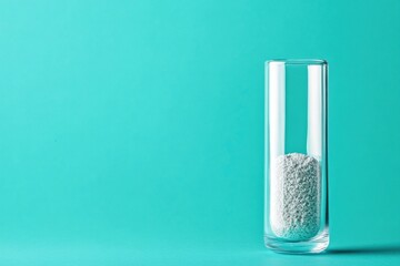 Poster - Clear glass container filled with white powder on a vibrant turquoise background highlighting minimalism