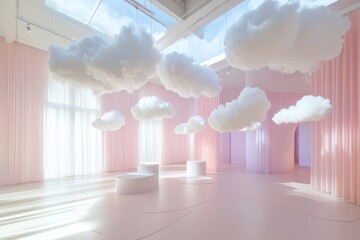 Fototapete - Interior design featuring whimsical cloud-like decor in a pastel-themed exhibition space