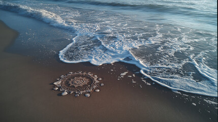 Fototapete - Seashell mandala on wet sand, surrounded by foamy waves and soft morning light
