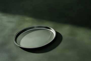 Poster - Round metallic tray resting on a textured surface with soft natural light creating gentle shadows