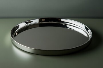 Poster - Reflective metal tray on a muted green surface showcasing sleek design and simplicity for modern decor and dining