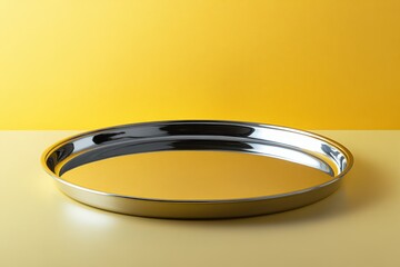 Aufkleber - Circular metallic tray with reflective surface on a bright yellow background creating a vibrant visual contrast