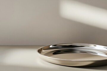 Poster - Polished metallic tray reflecting soft light in a minimalistic setting