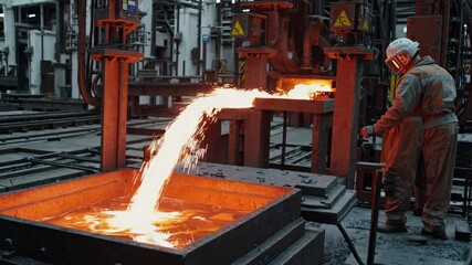 Poster - Workers pouring molten metal in factory during industrial production process in a modern facility