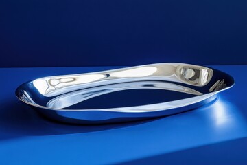 Poster - Elegant metallic serving dish displayed on vibrant blue backdrop for modern kitchen decor