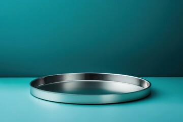 Poster - Sleek stainless steel tray on a minimalist surface with a vibrant teal background at midday