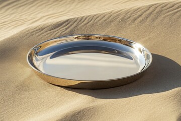 Poster - Reflective silver tray resting on golden sand dunes at sunset showcasing the beauty of nature and metallic design