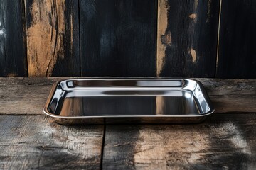 Poster - Metal tray on rustic wooden table with dark background and natural light setting