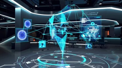 Poster - Exploring advanced technology in a futuristic workspace with interactive data displays