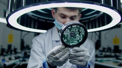 Fototapete - Expert technician inspects advanced circuit board under high-tech lighting in research facility