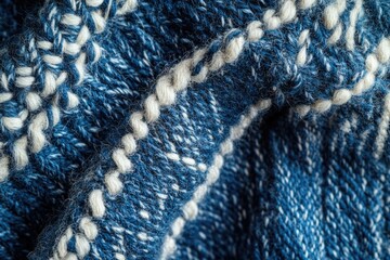 Aufkleber - Close-up of a hand-knitted wool fabric, showcasing intricate blue and white textured pattern.