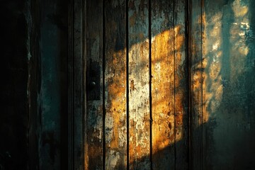Fototapete - Sunlit, weathered wooden door, showing age and decay, with peeling paint and shadow.